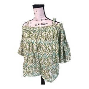 Handmade Green Abstract Print Off Shoulder Peasant Boho Top Sz M Blouse Summer